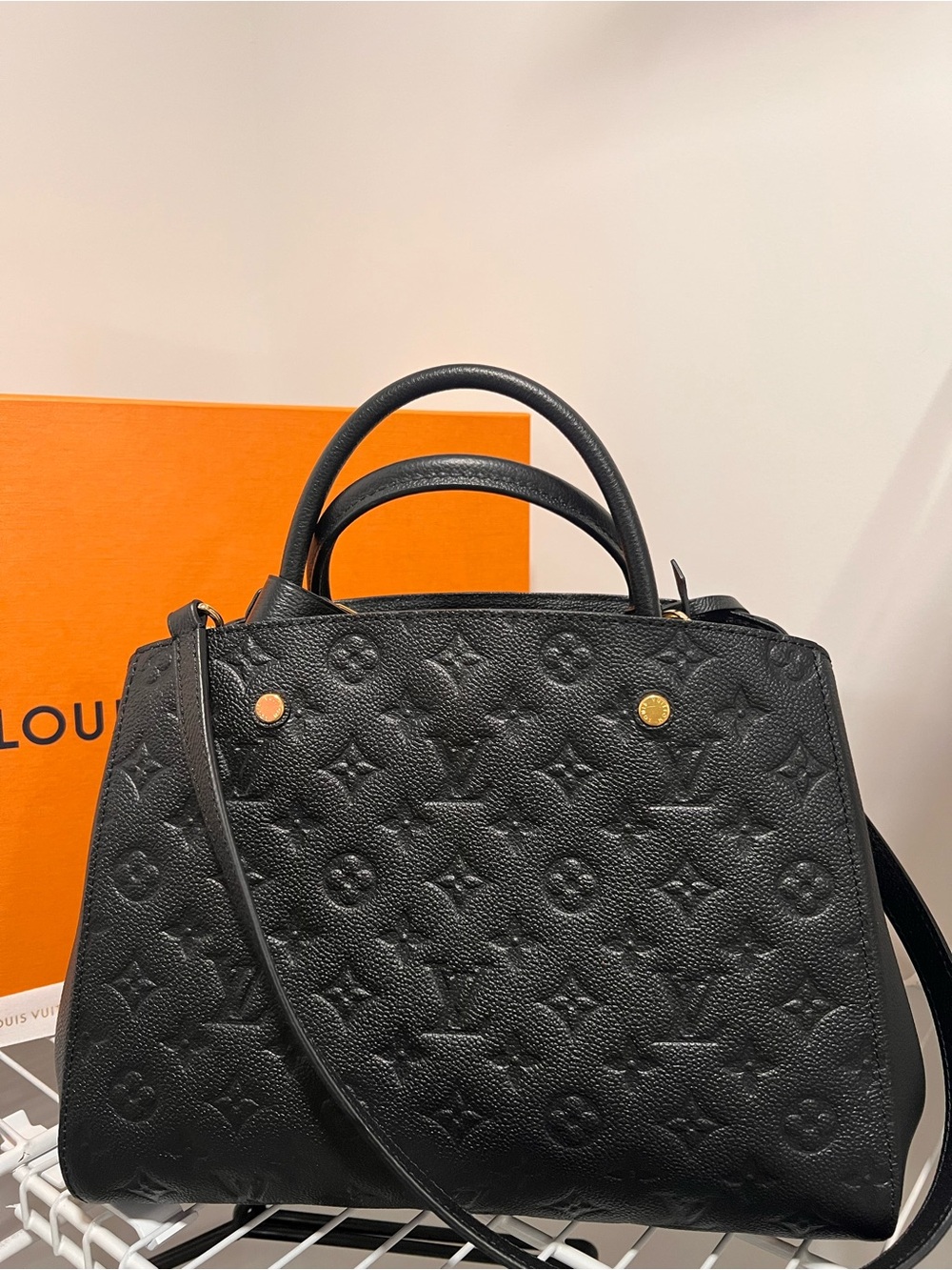 Louis Vuitton Black Embossed Monogram Satchel with Gold Hardware
